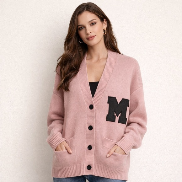 Maje Sweaters - Maje Oversized Pink Varsity-Style Cardigan with grey “M” Patch Size 4-6